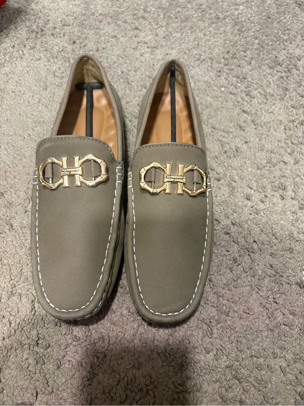 Salvatore Ferragamo Men's Olive Gray Leather Gancini Loafers